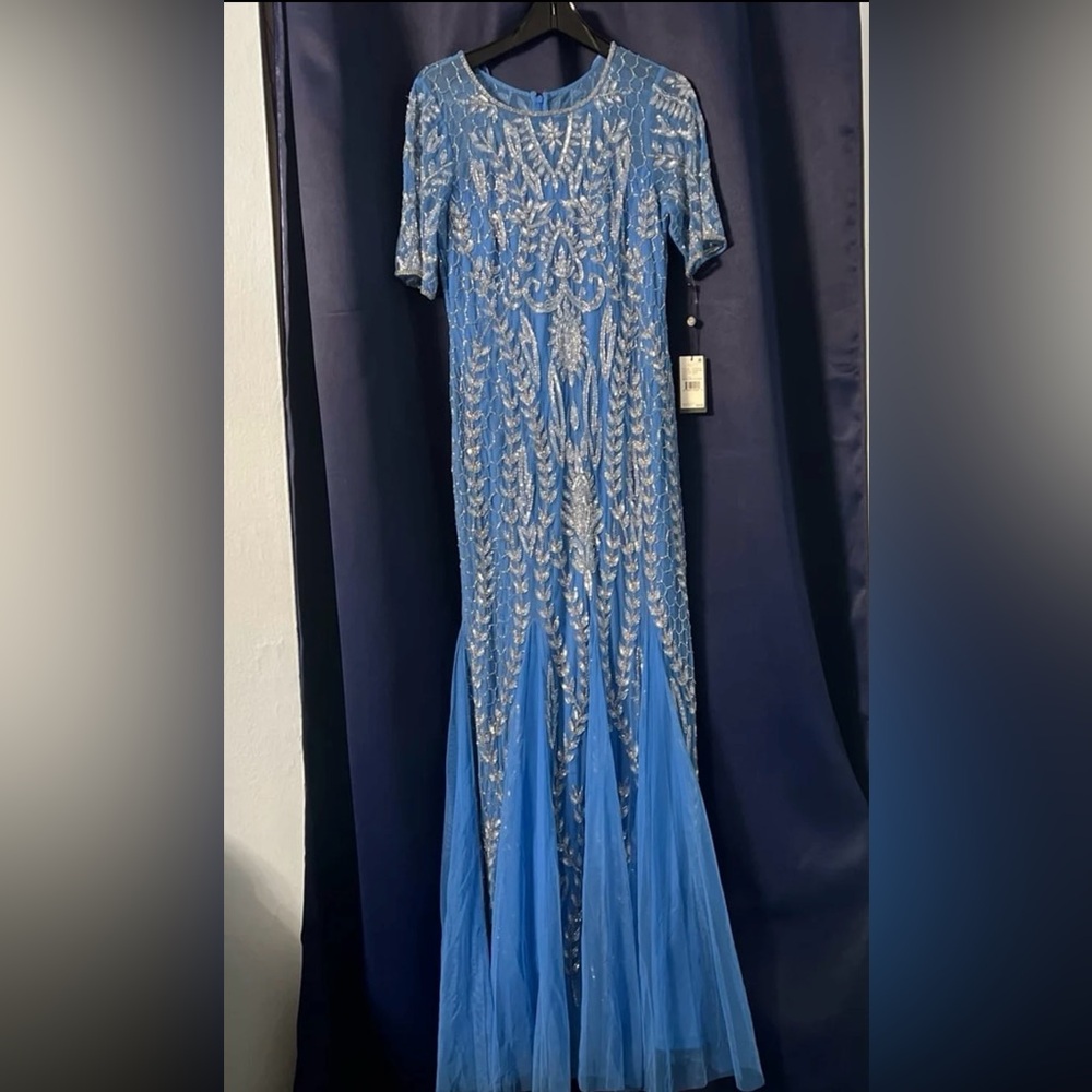Adrianna Papell Blue Maxi Dress with Silver Detailing